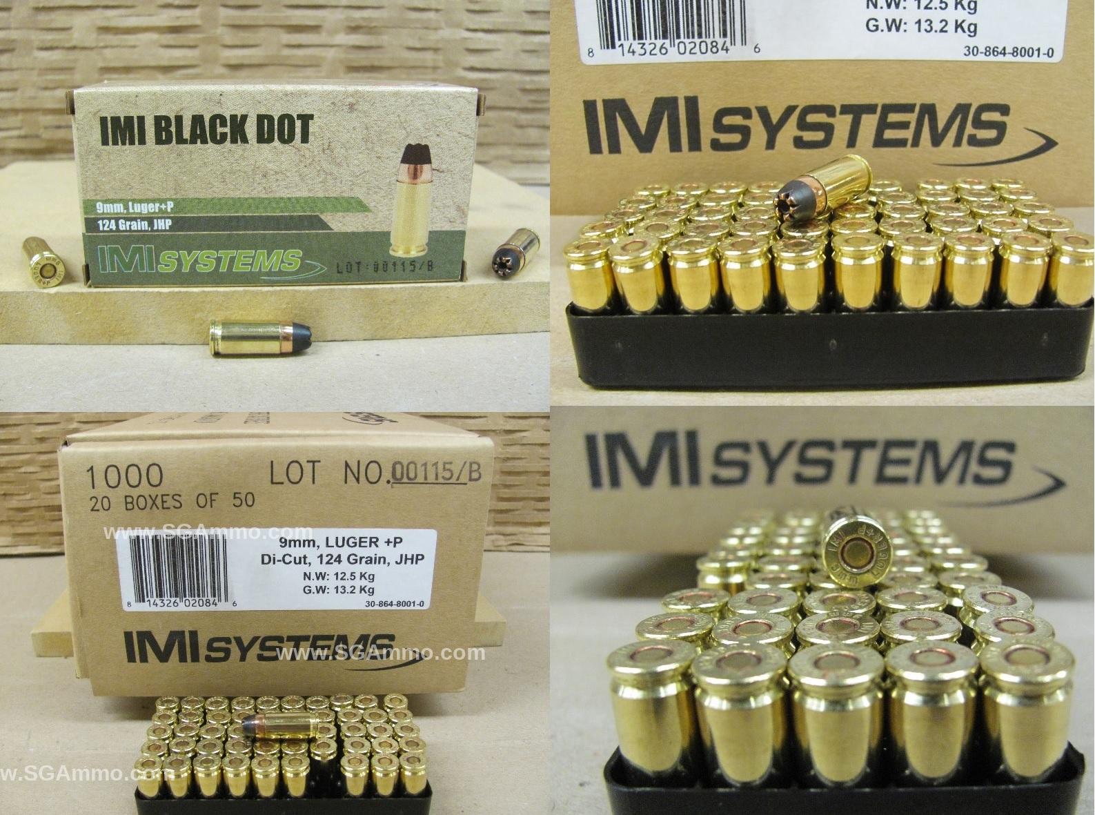 1000 Round Case - 9mm Luger +P 124 Grain Di-Cut Jacketed Hollow Point Black Dot Ammo By IMI of Israel